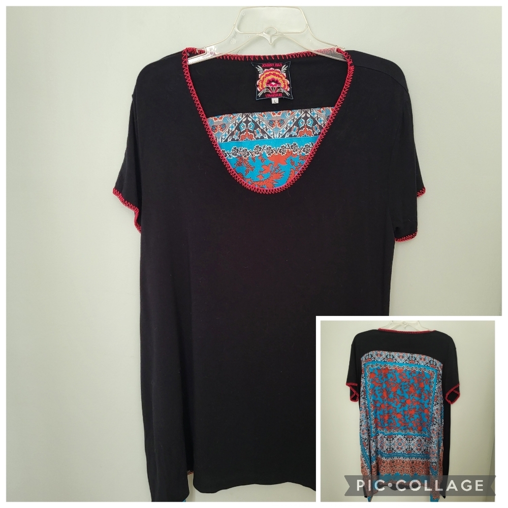 Johnny Was Large Garden‎ Mai Short Sleeve Tunic Printed Back Red Stitching Boho